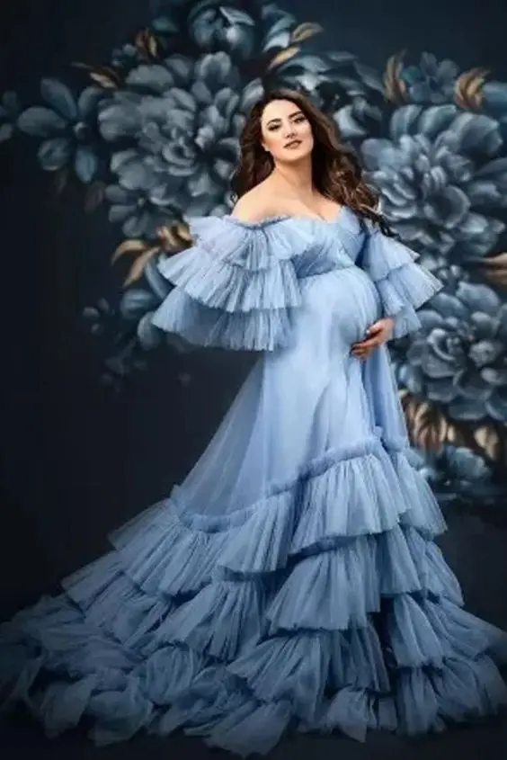 Absolutely New Design Tulle Maternity Dresses For Unforgetable Photoshoot Sky Blue Pregnant Women Gown For Babyshower