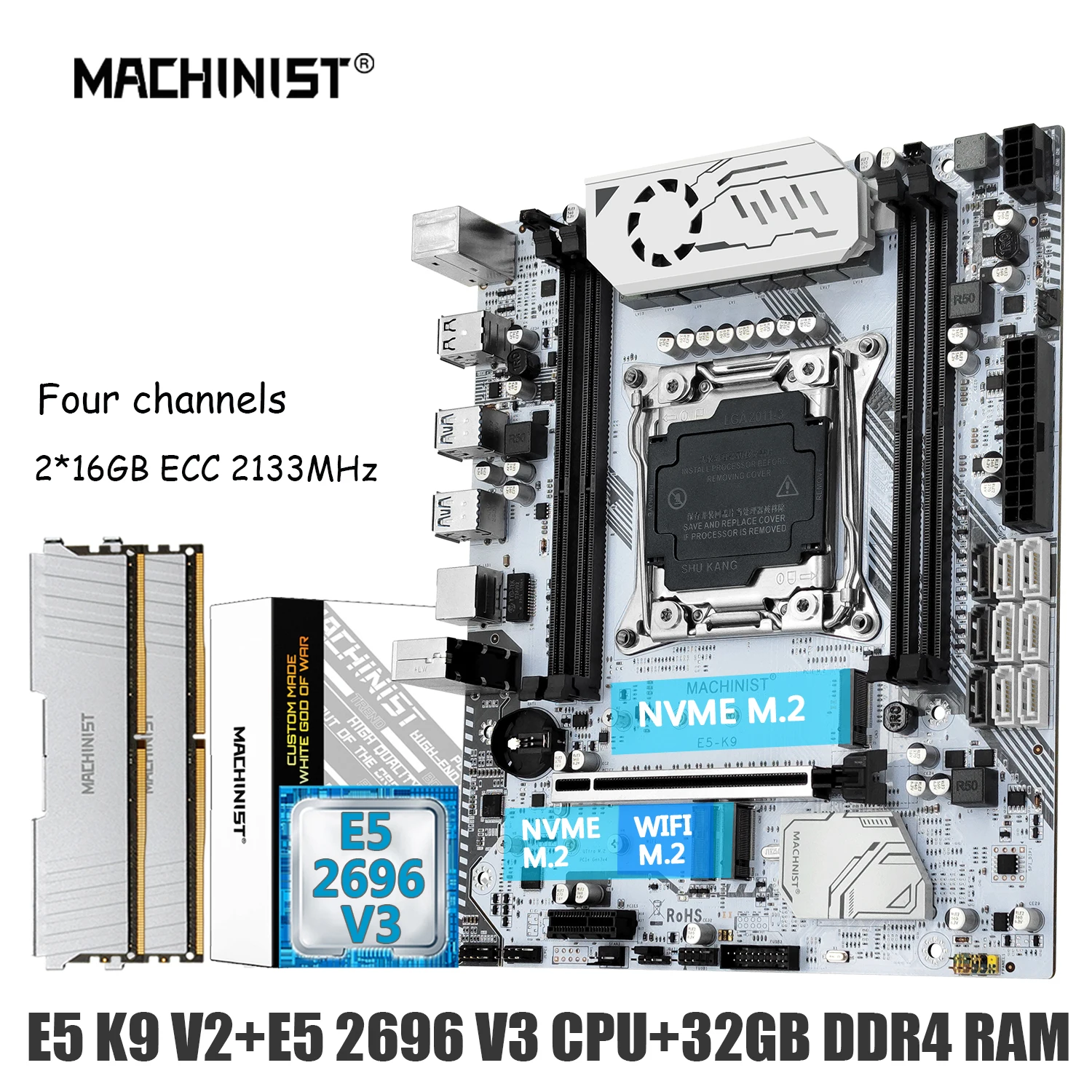 Imagem -01 - Kit para Placa-mãe k9 Combo Lga 20113 Xeon e5 2696 v3 Cpu Kit Ddr4 32gb 16x2 Pcs Memória Ram 2133mhz Usb 3.0 Wifi Nvme M.2 Machinist-x99