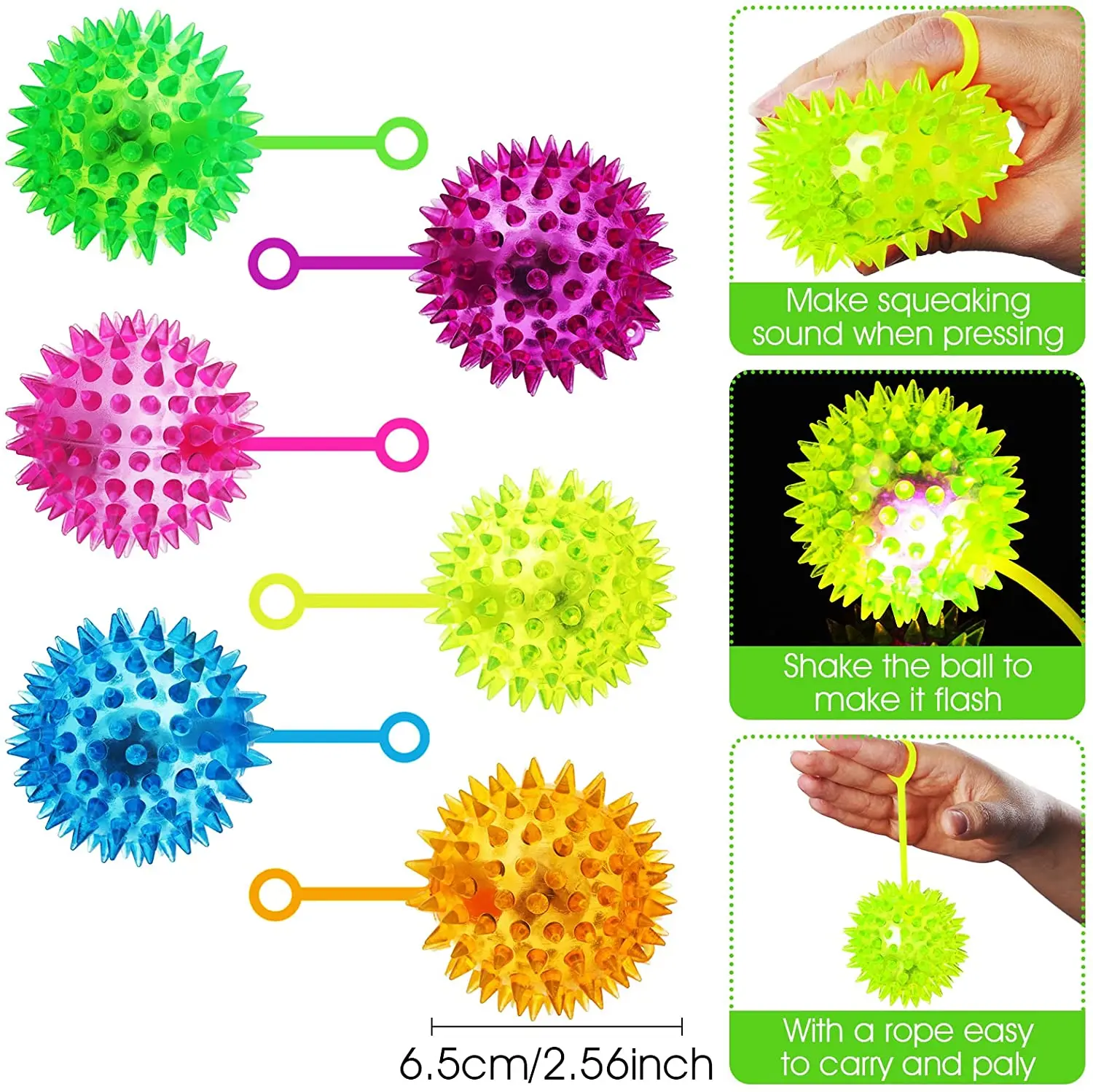 12 PCS Light up Balls Party Favors Fidget Spiky Toy Stress Relief Spike Rubber Ball Led Flashing Spiky Balls Flash Squeaky Ball