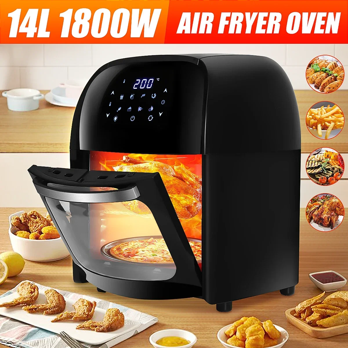 14L 1800W Oil Free Deep Fryer Oven Toaster Rotisserie Dehydrator Countertop Oven With LED Digital Touch Screen Electric Fryer