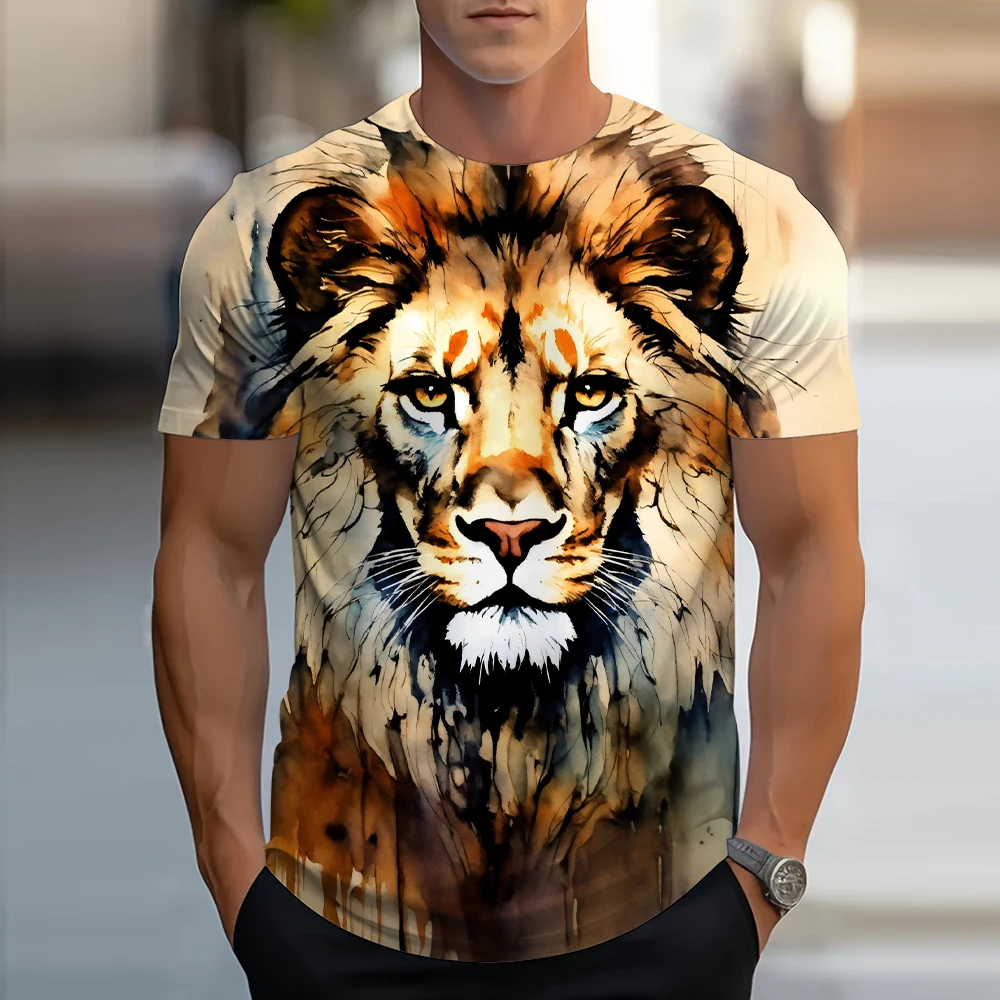 2024 Summer Fashion Lion Pattern T-Shirt Men\'s Casual Printing Trend Short-Sleeved Prairie Nature Animal Pattern Tribal Clothing