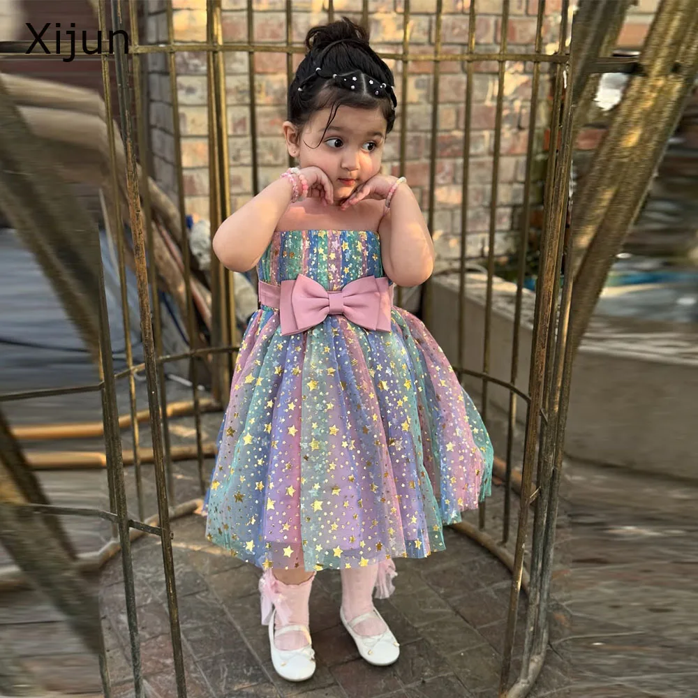 

Красочные блестящие платья Xijun для девочек с бантом, А-силуэт, с звездами, для дня рождения, детские платья принцессы, на заказ