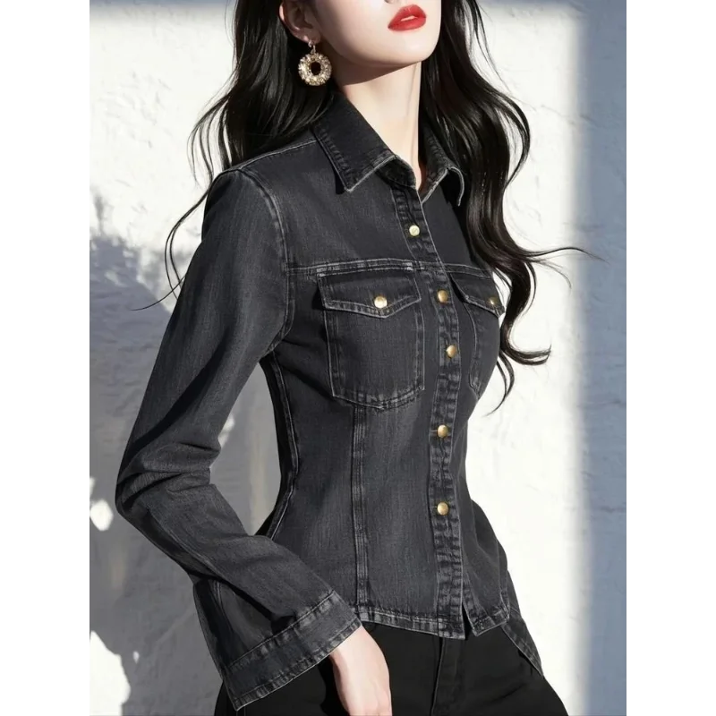 Outono e inverno popular deste ano estilo hong kong estilo retro preto denim fino ajuste camisa todos os jogos topo para mulher
