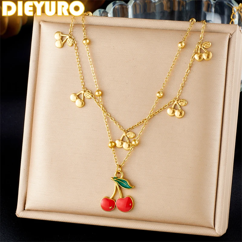 

DIEYURO 316L Stainless Steel Red Fruit Cherry Double-layer Necklace Lady New Fashion Trend Neck Chain Jewelry Glamorous Gift