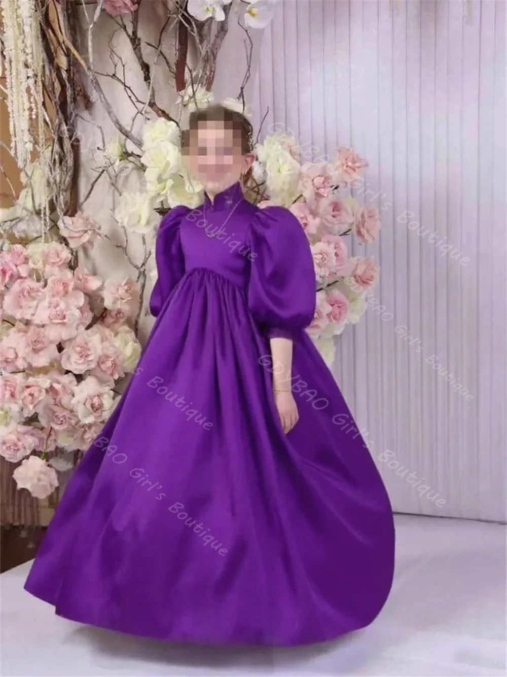 رشيقة الساتان فستان التواصل الأول للأطفال الأميرة عالية الخصر بالون كم زهرة فتاة فستان مخصص حفل زفاف الكرة ثوب