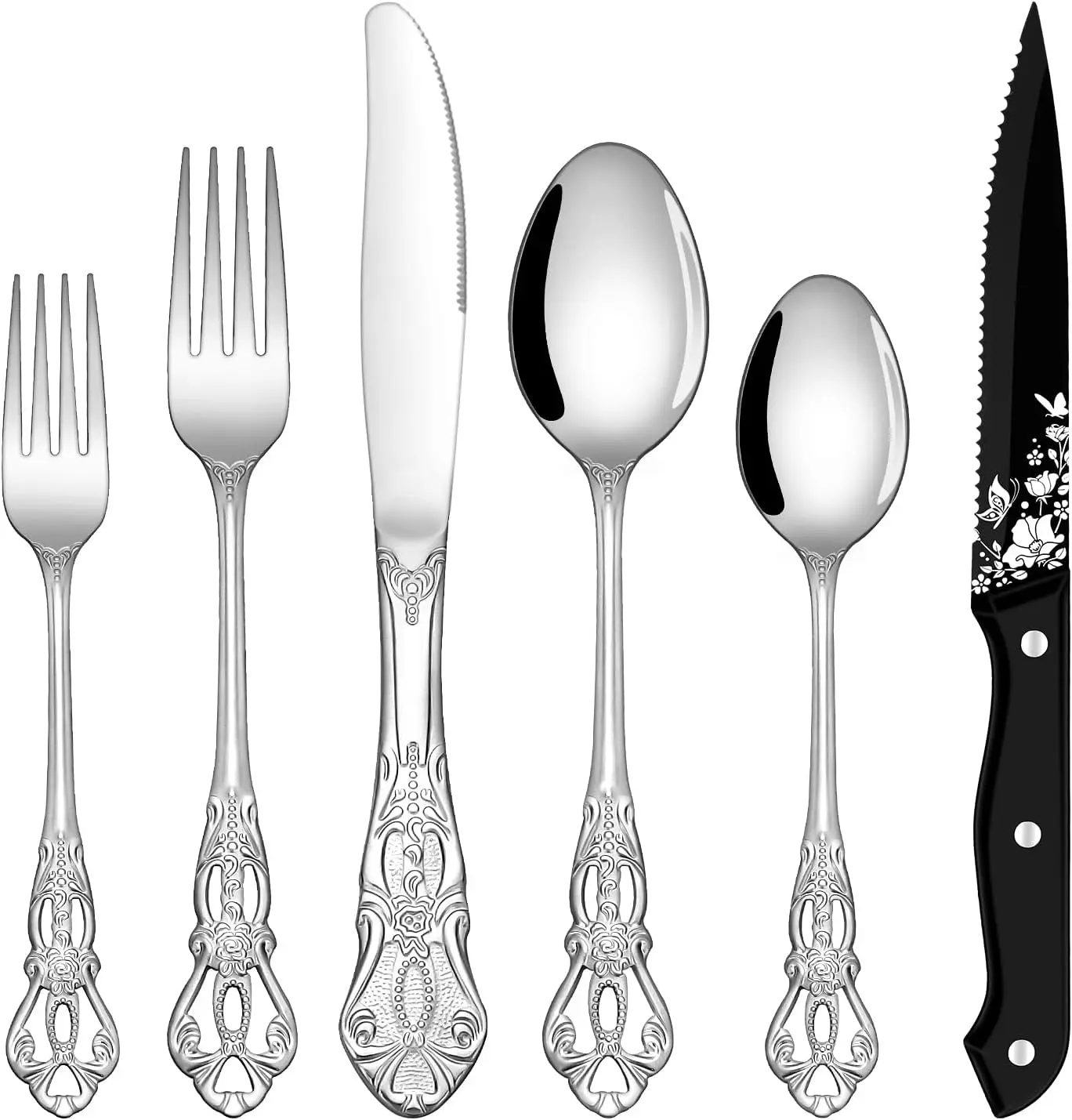 

48-Piece Royal Silverware Set for 8, Vintage Stainless Steel Flatware with Steak Knives, Dishwasher Safe