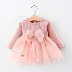 Girls' Long Sleeved Dress Spring And Autumn Bow Glittering Mesh Spliced Knitted Princess Party Birthday Dress