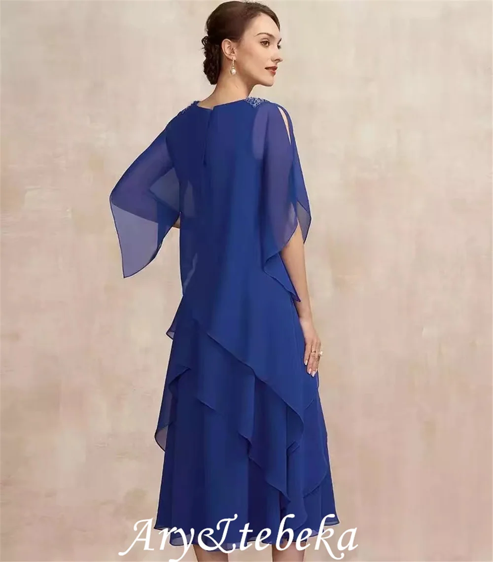 Mãe dos vestidos de noiva elegante azul royal colher chá-comprimento chiffon beading babados vestidos de festa vestidos para madre de novia