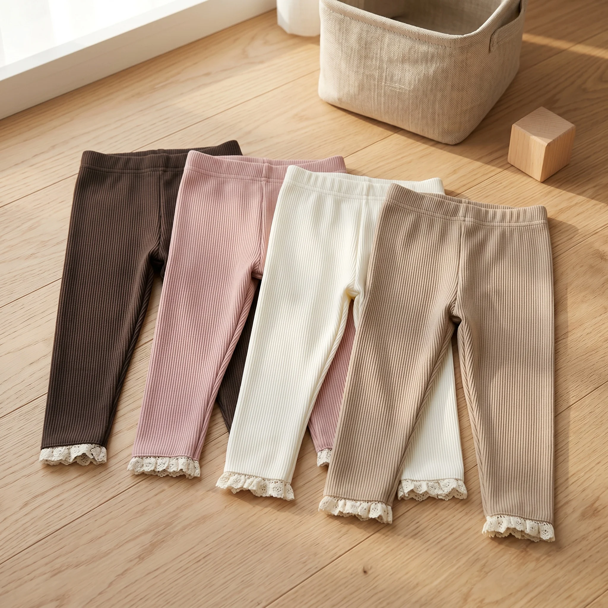 Soft Toddler Leggings Spring Autumn Solid Color Slim Pants With Lace Hem Elastic Waist Daily Girls Bottoms
