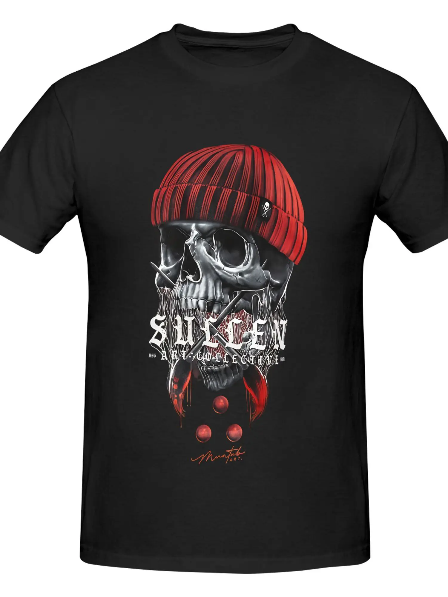 Sullen Art Collective Men's Black Graphic T-Shirt Edgy Streetwear Tee Red Beanie Skull Fit Heavyweight Cotton Shirt Concerts