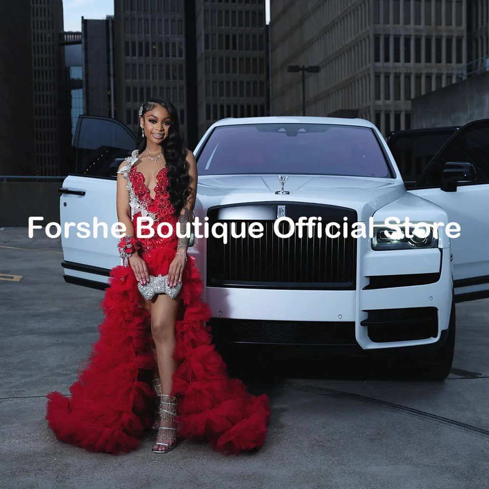 Luxury Red Mermaid Prom Dresses For Special Occasions Ruffles Birthday Party Dress Diamonds Bead Graduation Gown Customized