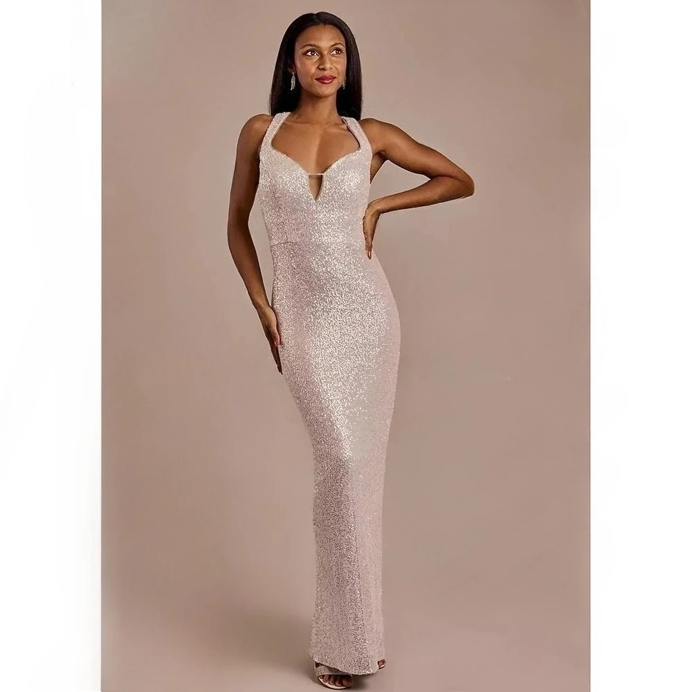 Customized 2026 Silver Sequin Evening Dress Sleeveless V Neck Keyhole Mermaid Gown Sparkly Prom Party Wedding Guest Formal Dress