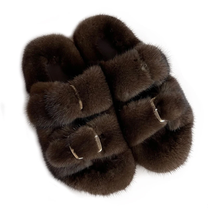 2024 Women\'s Fur Slippers 100% Real Mink Fur Slippers European Station Ladies Fur Slides Flat Heel Fashion Luxury Mink Slippers