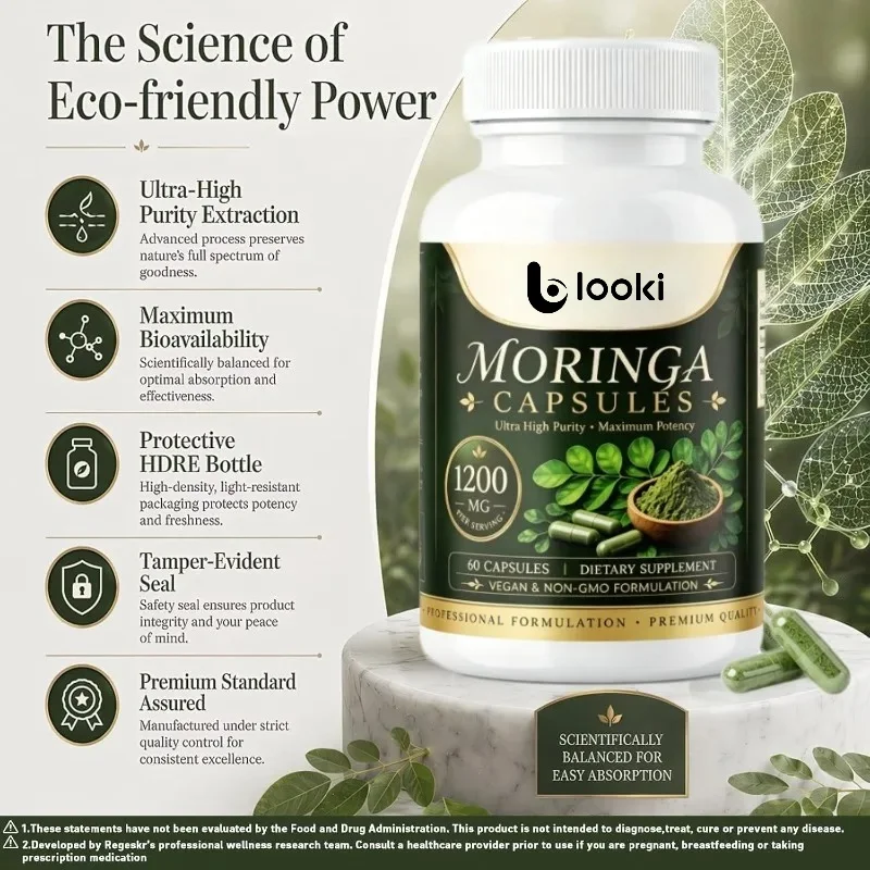 Organic Moringa Capsules, 1200mg Per Serving, Vegan To Promote Health and Maintain Daily Life