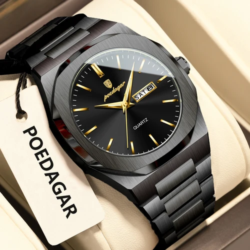Imagen 2 del producto Reloj POEDAGAR de marca a la moda para hombre, relojes luminosos resistentes al agua de acero inoxidable para hombre, Reloj informal de cuarzo con fecha y semana para hombre