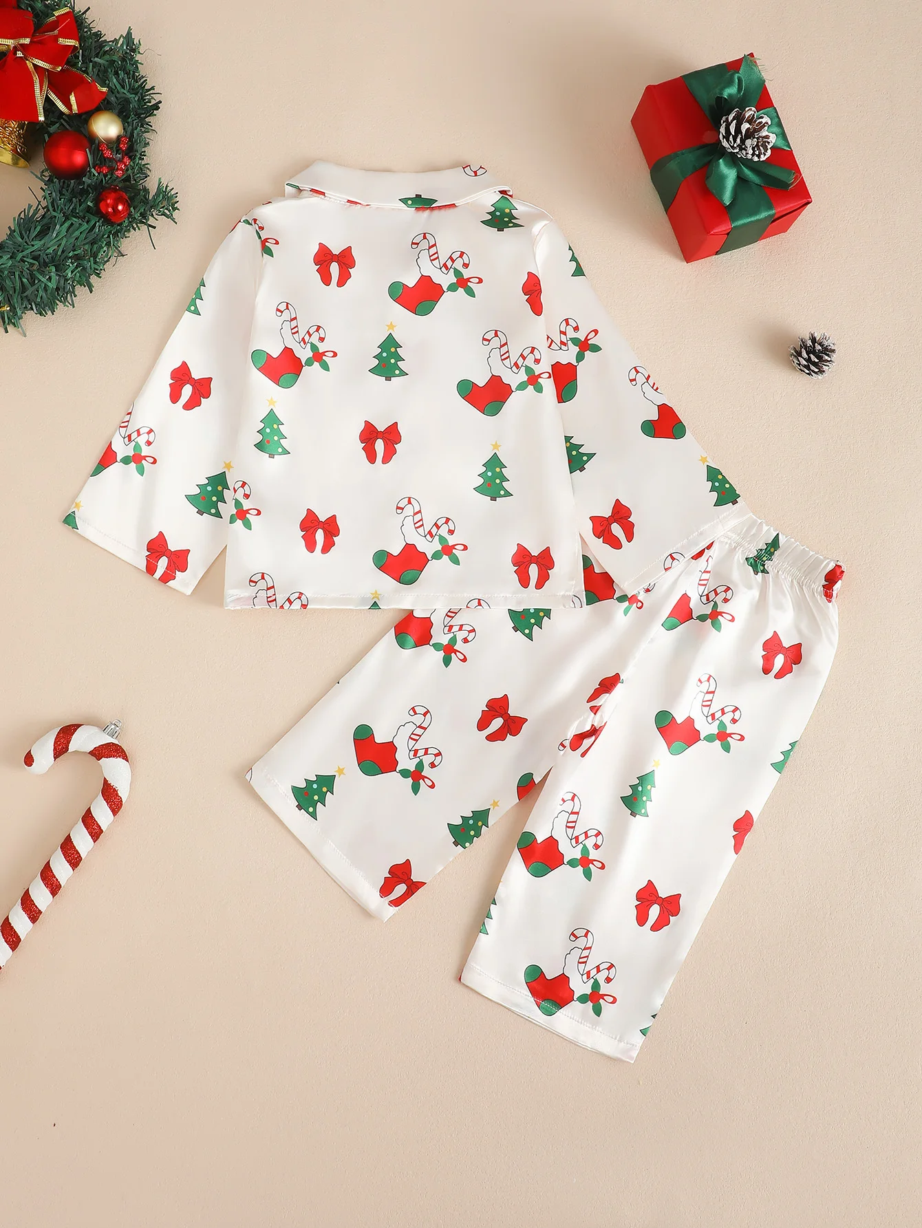 Christmas Themed Long Sleeve Long Pants Home Clothes for Baby Girls with Collar Open Front Design Children's Holiday Outfit