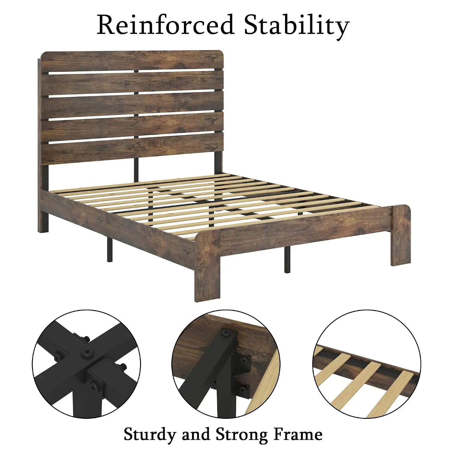 Queen Size Bed Frame with Headboard Farmhouse Metal Wood Platform | Heavy duty queen size bed frame with metal wood, Customized - view 4