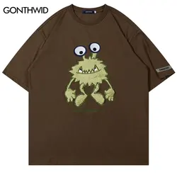 Harajuku Oversized Tshirt Streetwear Embroidery Cartoon Monster Cotton T Shirts Hip Hop Loose Punk Gothic Tee 2023 Fashion Top