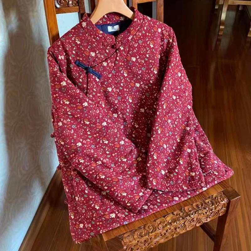 Estilo chinês floral impressão linha jaqueta feminina outono inverno novo sapo botão suporte color algodão grosso solto casaco feminino