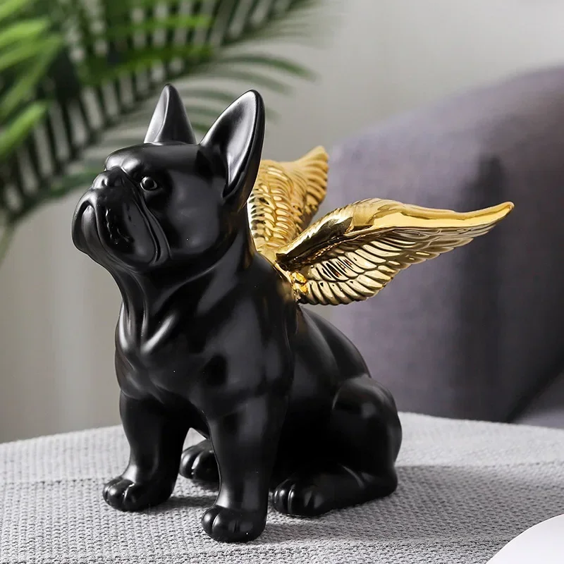 FRENCH BULLDOG STATUE ANIMALS GOLDEN WINGS BLACK DOG ART SCULPTURE CERAMICS CRAFT NORDIC MODERN HOME DECOR ORNAMENT