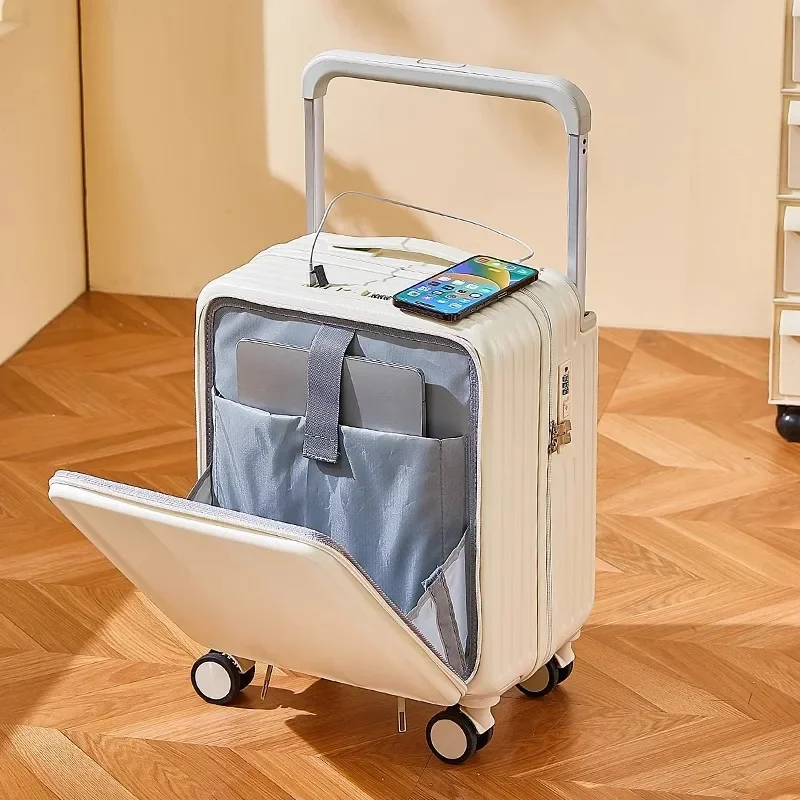 Trolley aperto anteriore con rotelle valigia da viaggio valigia da viaggio da 18 pollici Password multifunzionale per bagagliaio piccolo con portabicchieri