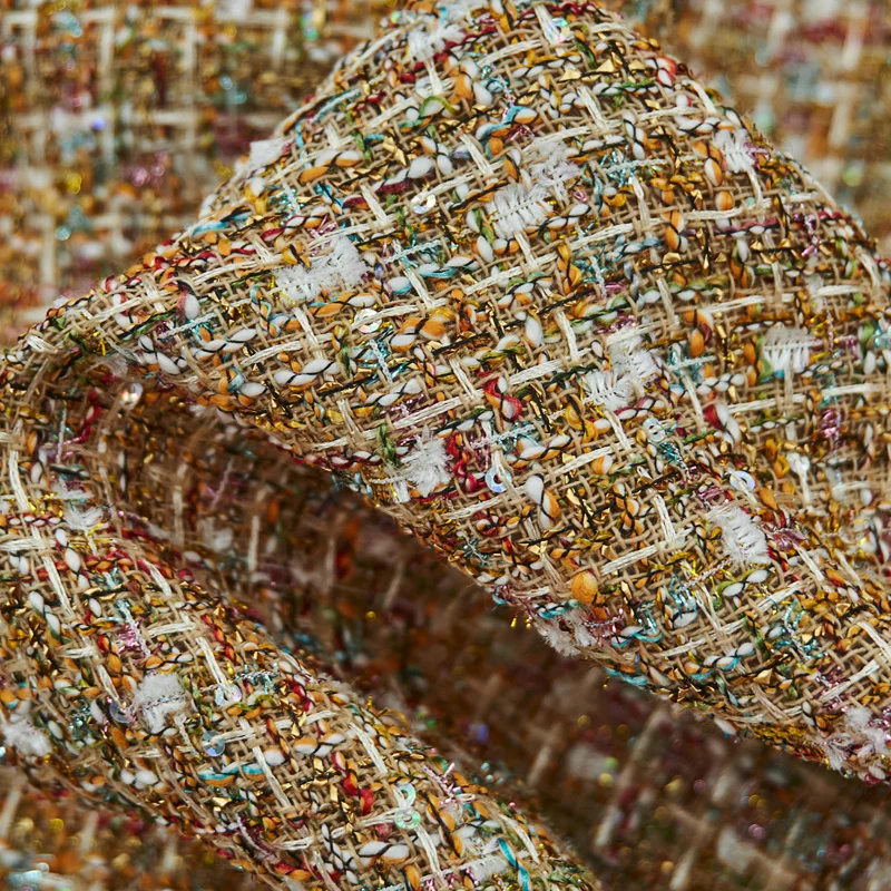 Gold Sequins Lux Metal‑Yarn Tweed Fabric, Mixed Fancy‑Yarn Textured Woven Cloth For Coat Suit Garment DIY Sewing, Sold By Yards