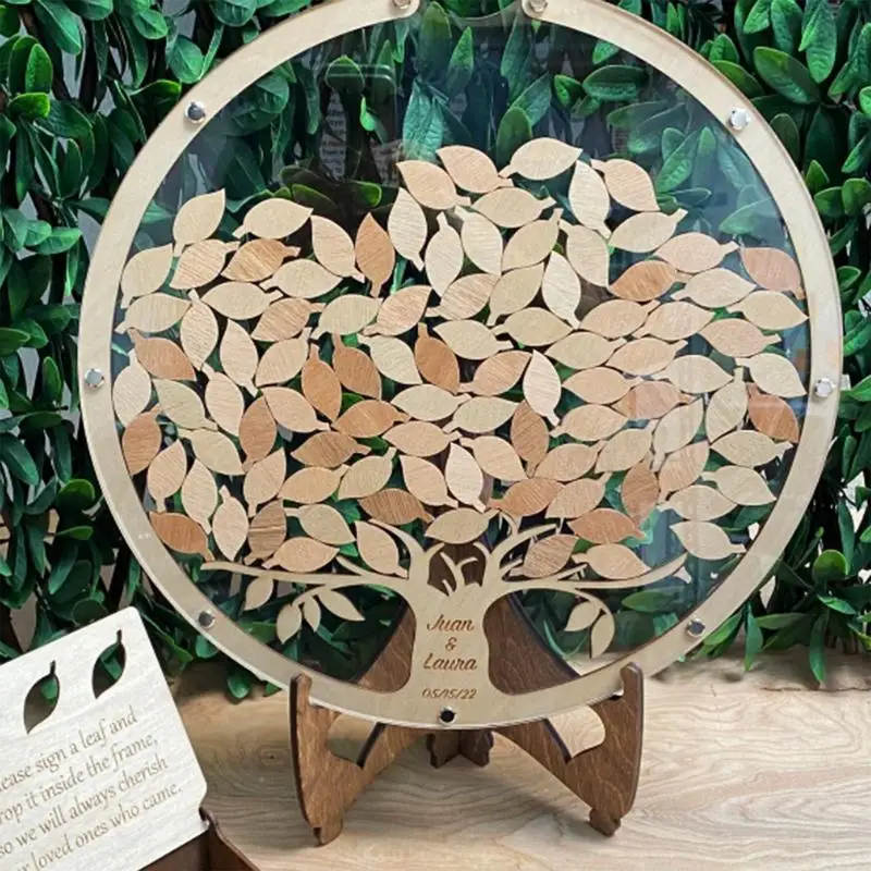 

Wedding Guest Book Tree and Leaves Alternative Wedding Decorations Message Book Wooden Round Transparent Blessing Collection Box