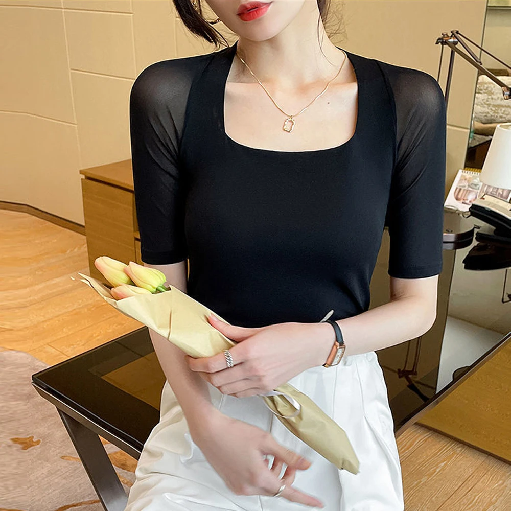 

Short Sleeve Elastic Knit T Shirts Women Spring Summer S-2XL Black Y2k Middle Sleeve Slim Stretch Tees Female Blouses Shirt Top