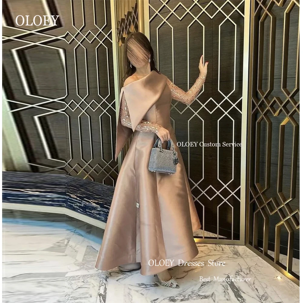 

OLOEY Saudi Arabic Women Evening Dresses Glitter Long Sleeves Satin Prom Gowns Vintage 2023 Formal Occasion Party Dress