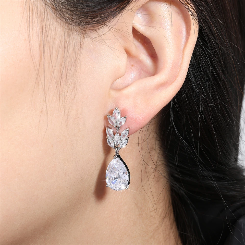 ZAKOL Classic Big Water Drop Leaf Zirconia Bridal Earrings for Women Elegant Shiny Crystal Zircon Wedding Patry Jewelry Gift