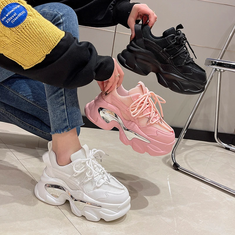 New Platform Mesh Sneakers 7.5CM Women Breathable Tennis Female Vulcanized Shoes Spring Chunky Sneakers Sports Dad Shoes Woman