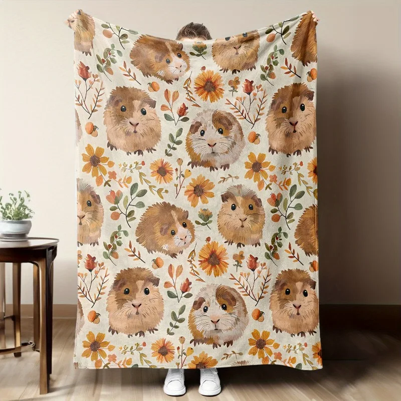 1pc Cozy Flannel Blanket with Adorable Guinea Pig & Floral Design - Soft Warm Throw for Sofa Bed Office