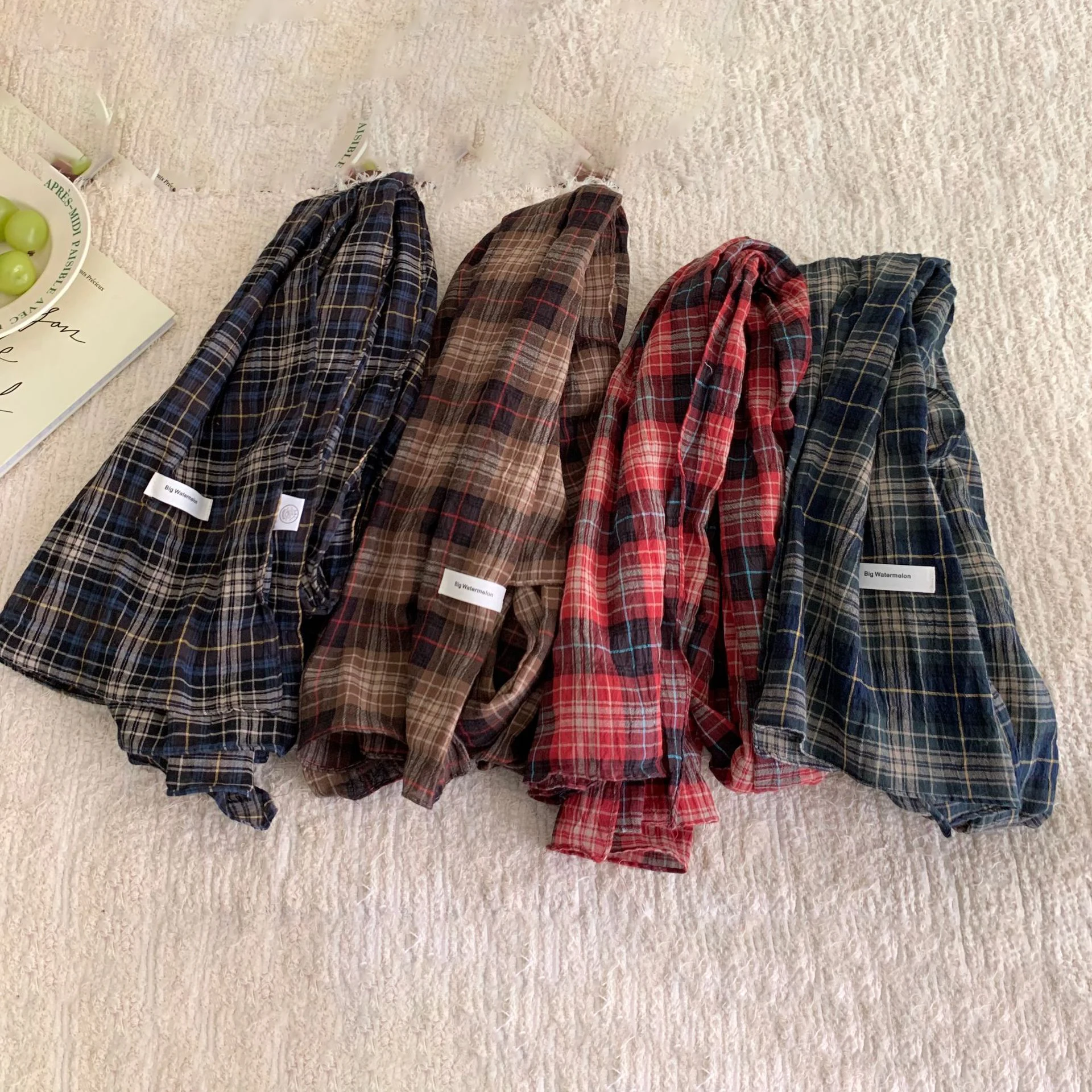 

36*160CM Literary Retro Plaid Scarf Autumn Winter Japanese Style All-match Neck Protection Slim Small Cotton Scarf