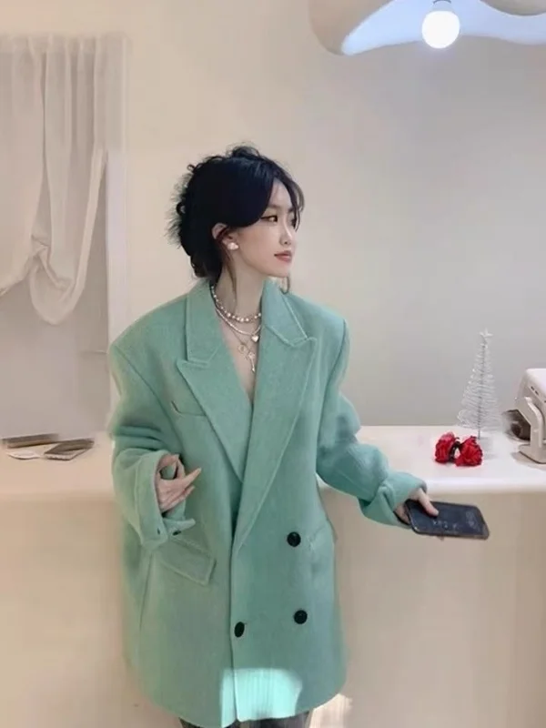 

Loose Fit Green Woolen Coat for Women plus Size 300 Pounds Korean Style Mid-Length Autumn Winter Outerwear Button Decor