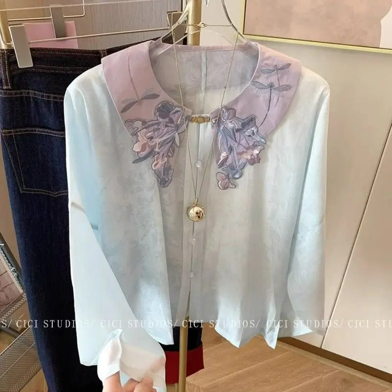 Retro Doll Collar Shirt Women\'s Spring Han Elements Improved Chinese Style Embroidery Top Western-style Unique Small Shirt