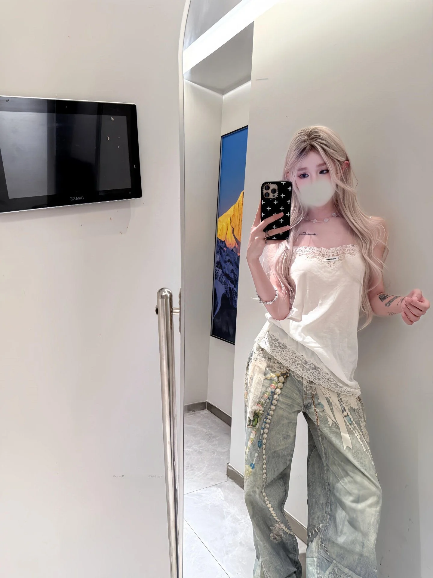 

Faionable Loose Wide Leg Denim Jeans Women's High Street Sle Lace Pearl Chain Knife Casual Comfortable Fit Pants