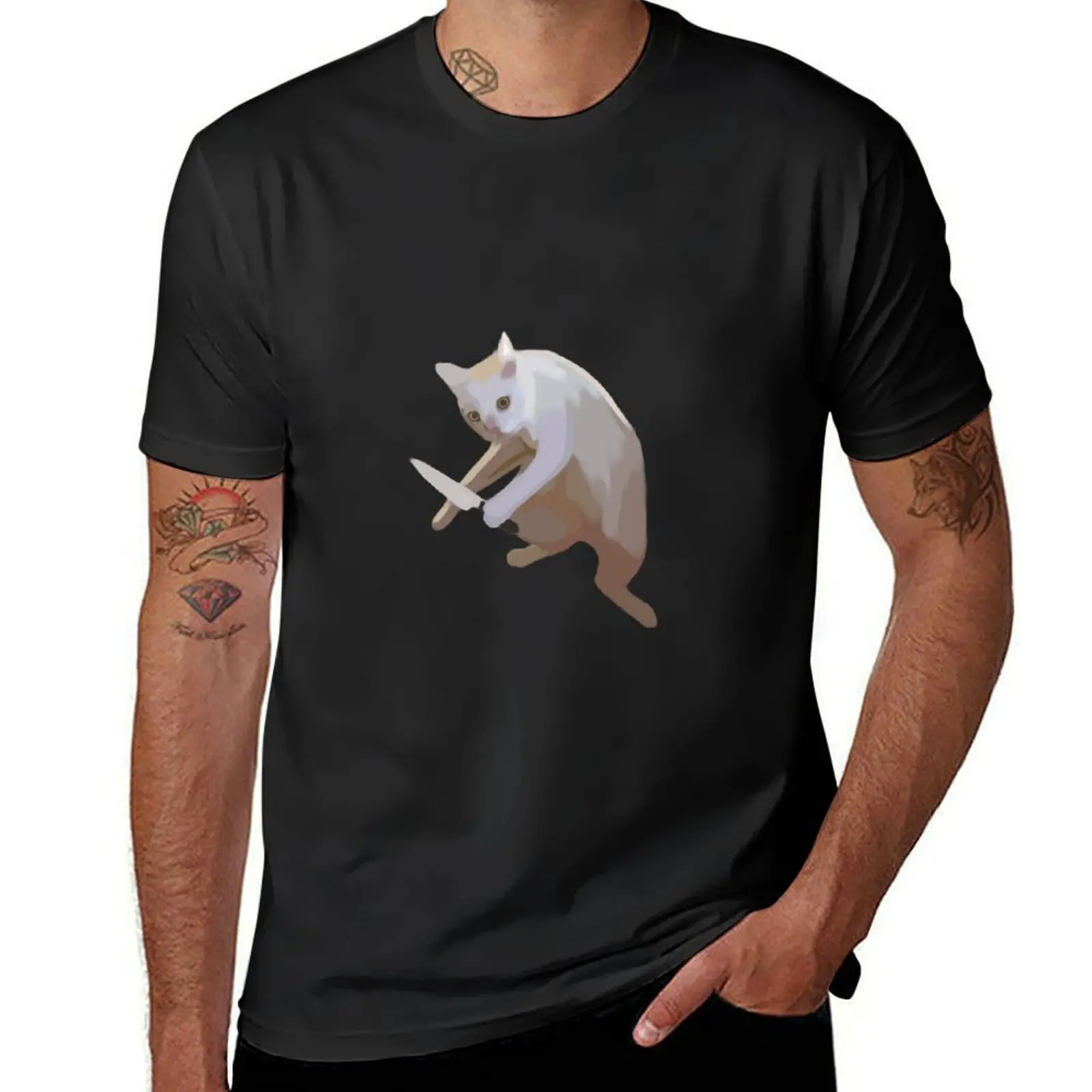 Funny cat with a knife meme T-Shirt cute clothes sports fans oversizeds plain black t shirts men