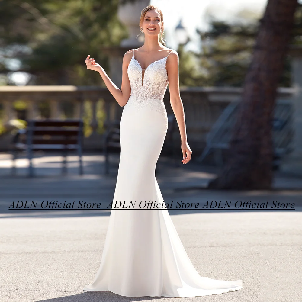 

ADLN 2024 Mermaid Wedding Dress Sexy Spaghetti Straps V Neck See Through Pearls Beading Lace Bridal Gown Sweep Train Robe Mariee