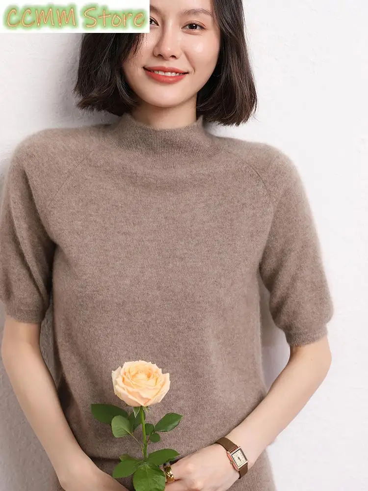 Spring Summer Women Thin Cashmere Sweater Mock Neck Half-sleeve Pullovers Basic T-Shirt Office Lady 100% Cashmere Knitwear Tops