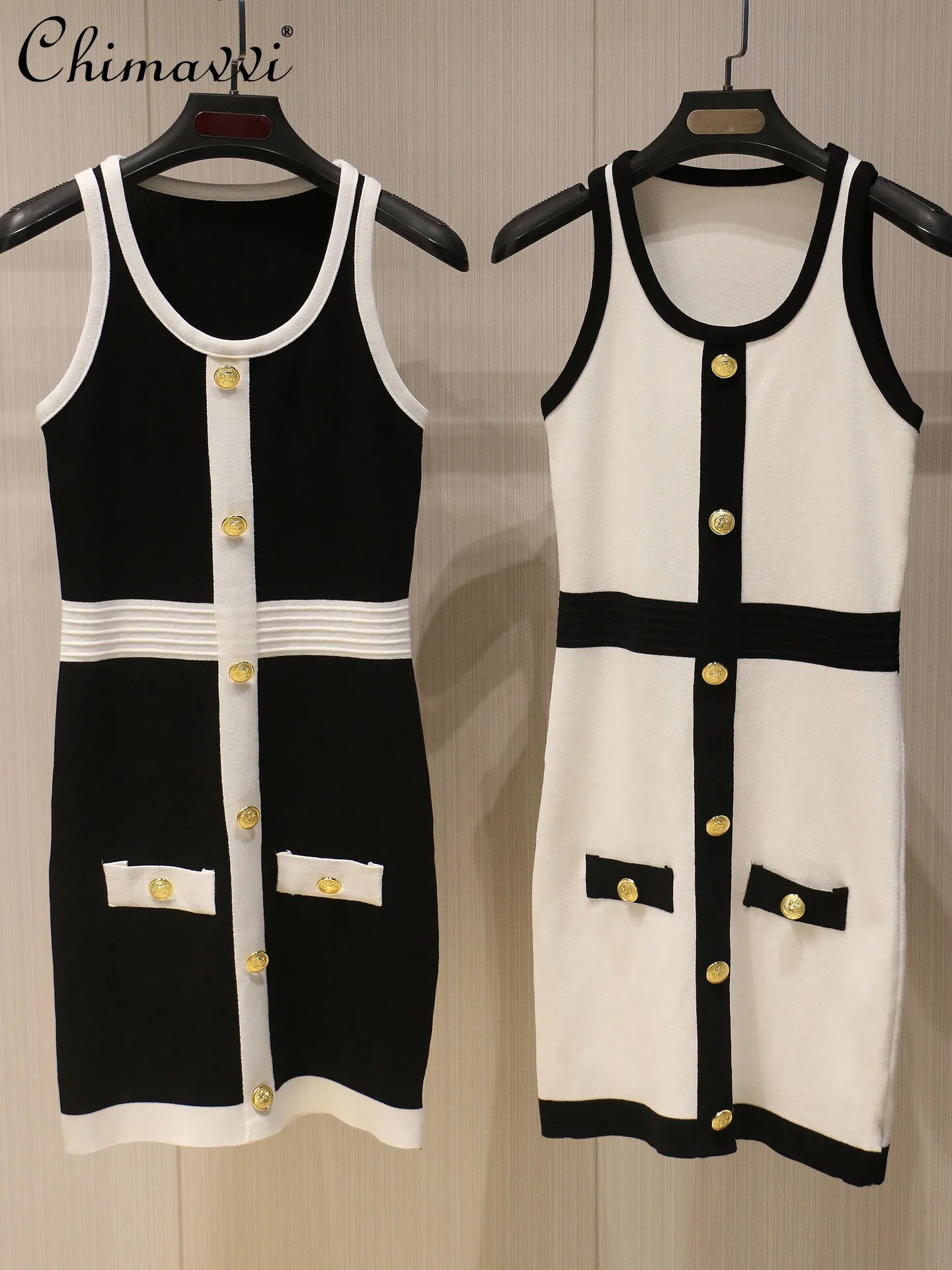 

Fashion Black and White Patchwork Knitting Sleeveless Suspender Hip Dress Office Lady Elegant Slimming Elegant Short Dresses
