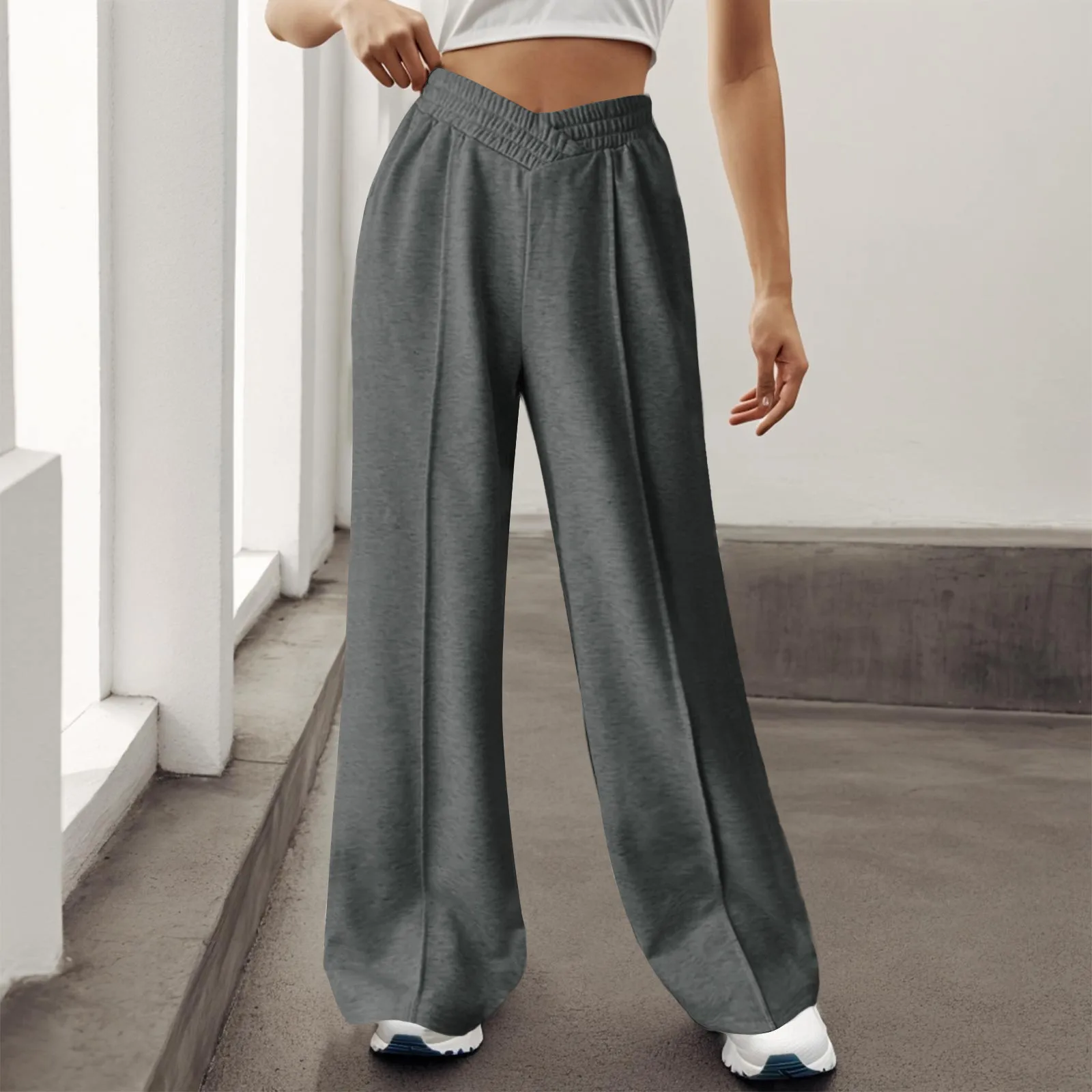 Calça casual solta feminina, moletom confortável, cintura elástica, monocromática, perna larga, simplicidade, casa