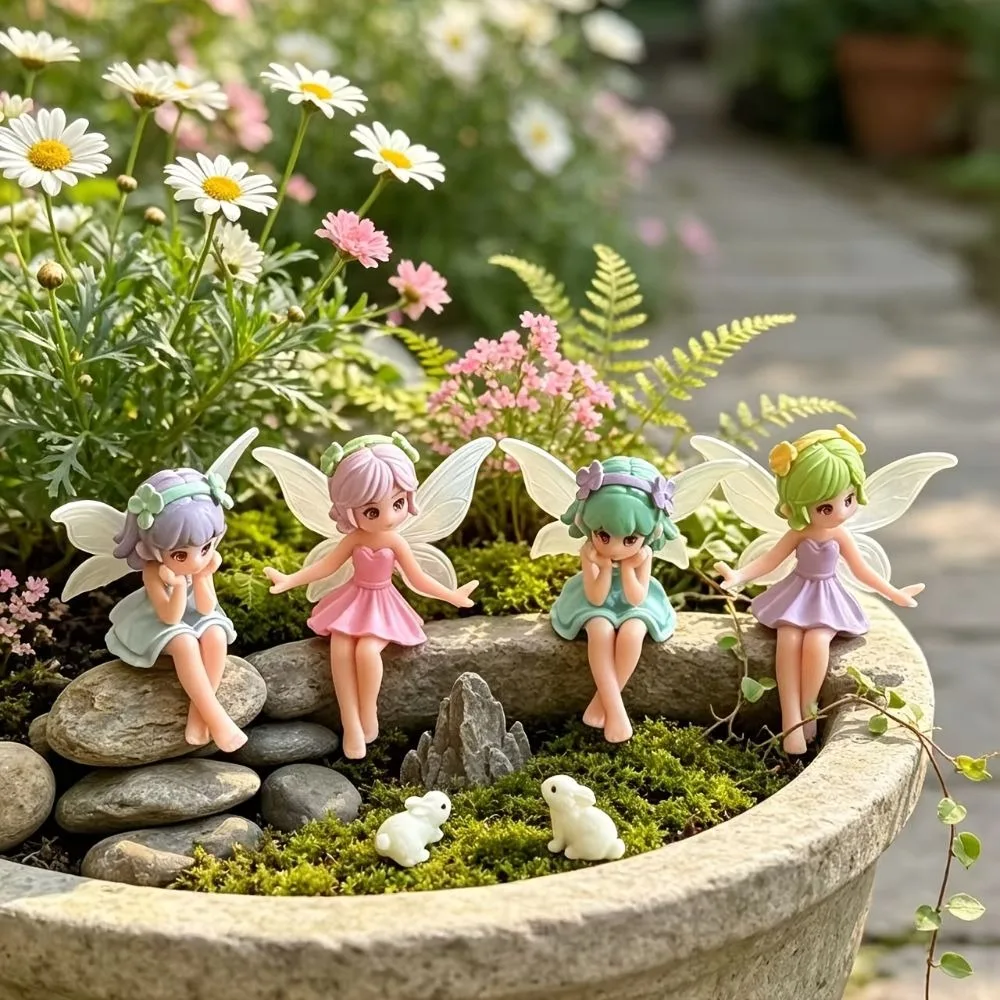4Pcs Sweet Mini Fairy Figurines DIY Miniature Landscape Flower Fairy Sculpture Set Lovely Desktop Decoration