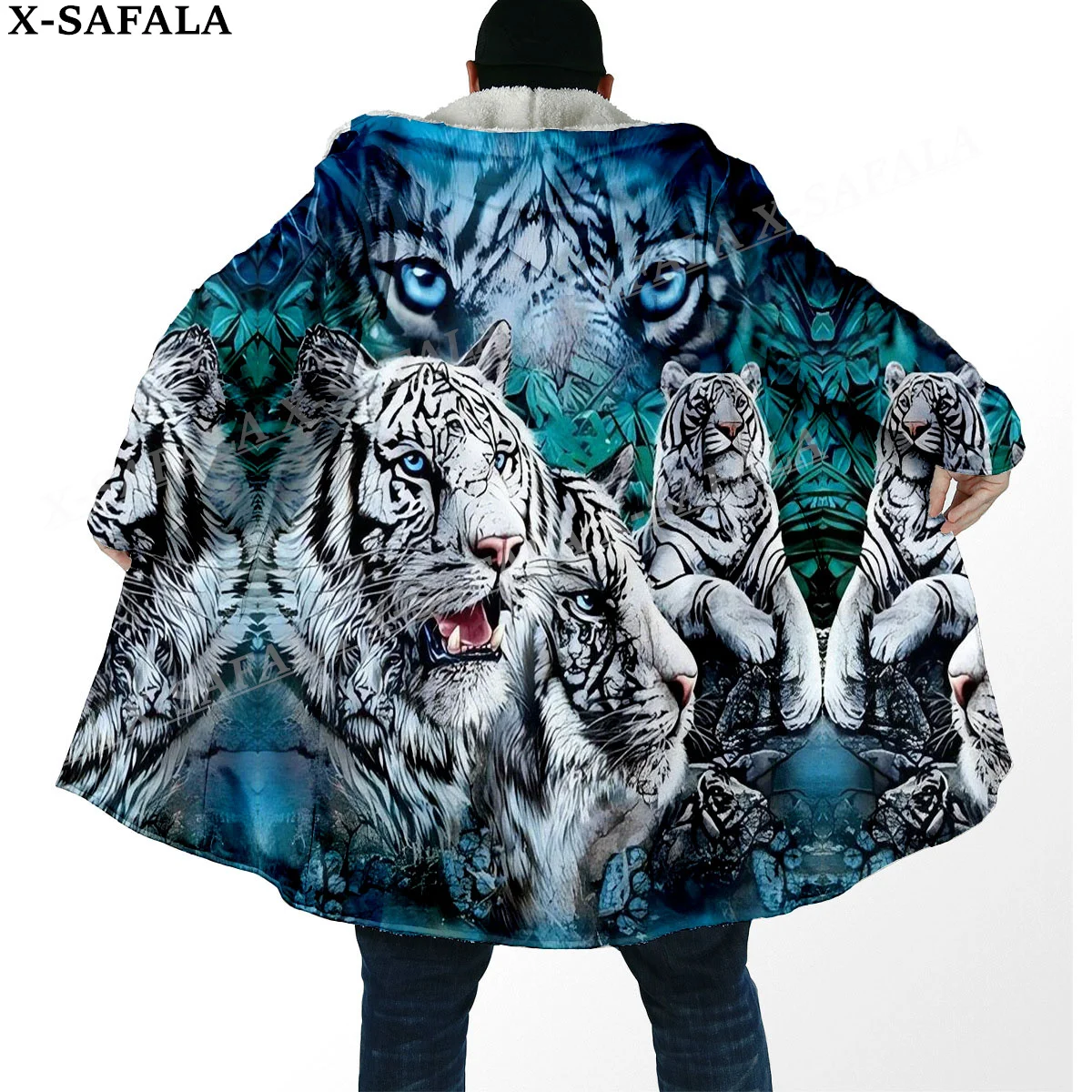 Mythology Tiger The King Spirit  Thick Warm Hooded Cloak Men Overcoat Coat Windproof Fleece Cape Robe Hooded Blanket-52