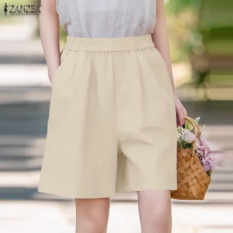 

ZANZEA 2026 Женские повседневные однотонные шорты, летние брюки, элегантные шорты с высокой талией, свободные шорты, женские праздничные брюки-палаццо оверсайз