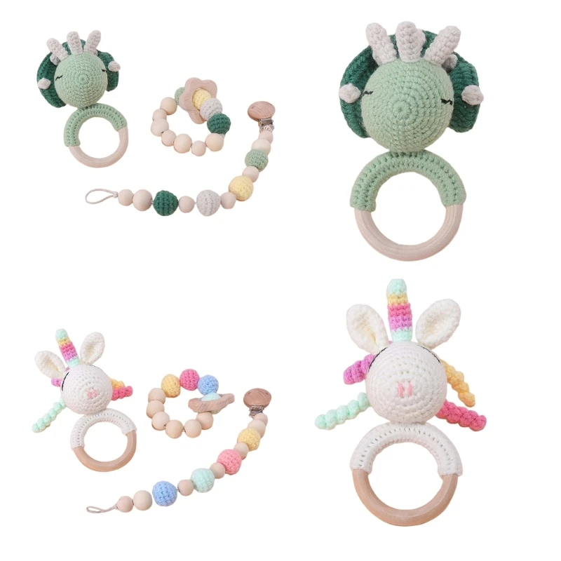 Crochet Animal unicorn Pacifier Clip Rattle Toy Soother Bracelet Wooden Teether Ring Baby Product Mobile Pram Crib Wooden Toys