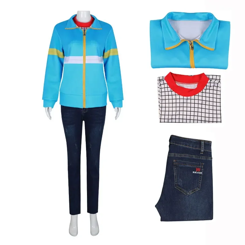 Men Women Max Mayfield Cosplay Mike Eleven Lucas Costumes Hell Fire Club Uniform Blue Sweater Jeans Plaid Shirt