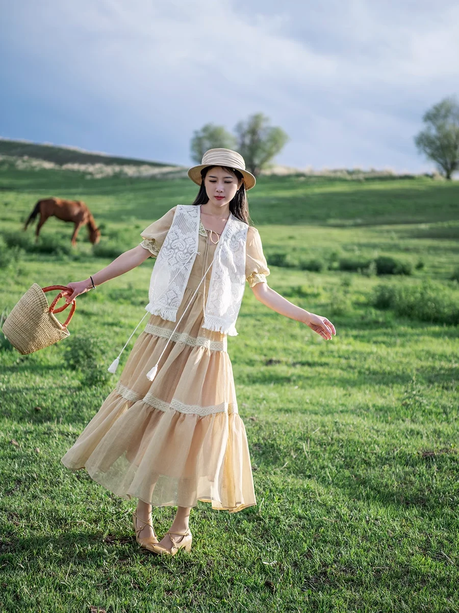 TIYIHAILEY Vintage Spring Linen Women Long Maxi Short Puff Sleeve Lace Patchwork Bandage Turn Collar Dress On Sale Ladies