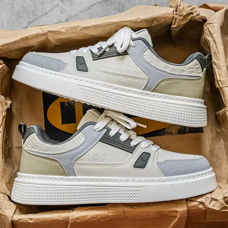 Men Sneakers Spring Summer Retro Casual Board Shoes Color Block Smooth Texture Thick Flat Sole Lace Up Commute Footwear