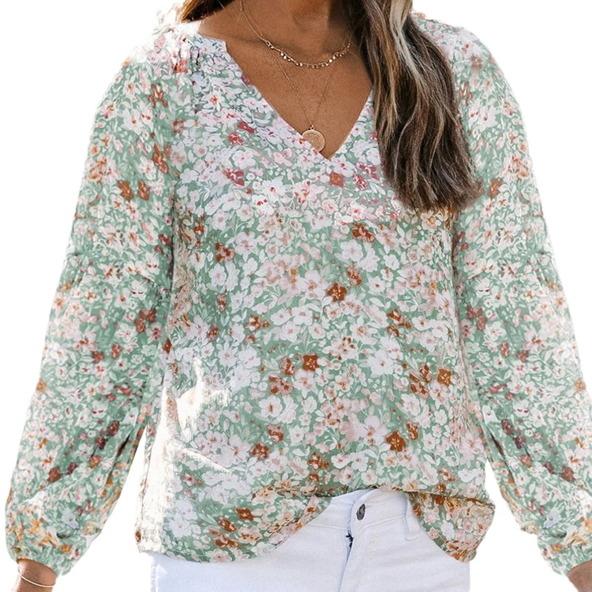 2025 New Autumn and Winter European and American Women's Clothing V-neck Chiffon Top Women's Lantern Sleeve Floral Chiffon Shirt