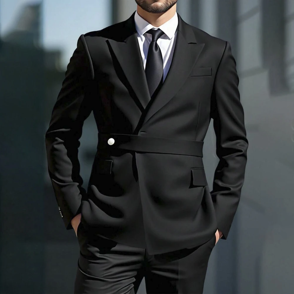 

High Quality Black Men's Suits Formal One-Button Slim Fit 2 Piece Jacket Pants Sets Formal Skinny Business Male Clothing Terno